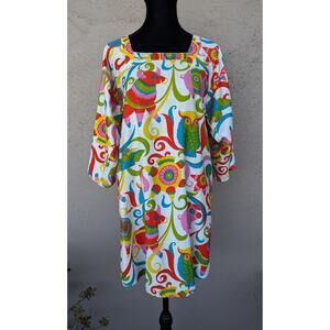 💜Vintage Folk Art Animal Print Smock Tunic Top Boho Owl Bull Birds